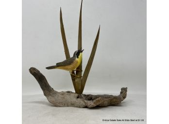Wood Carved Common Yellowthroat On Grass And Wood Base Signed Bill & Grace White 1988