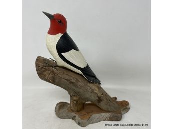 Wood Carved Red Headed Woodpecker On Wood Base Signed Niva Boyd