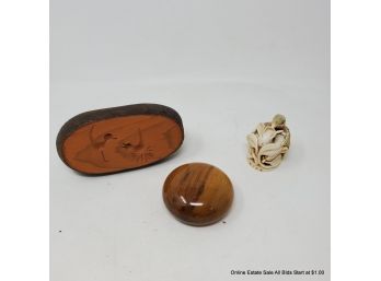 Three Decrotive Objects, Hummingbird Ring Box, Mid Century Carved Wood Float, And Myrtle Wood Paperweight