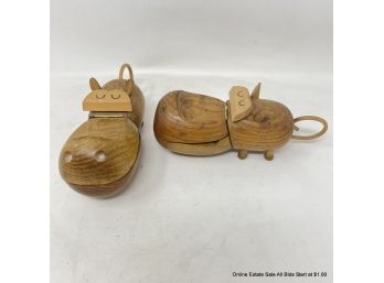 Pair Of Mid Century Danish Zoo Line Hippo Wood Trinket Jewelry Boxes