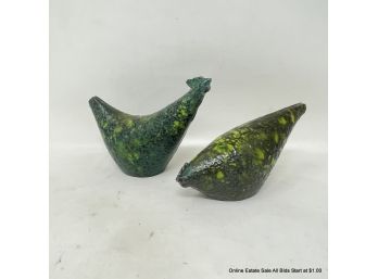 Pair Of Mid Century Green Metal Chickens