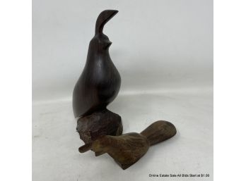 Two (2) Carved Wood Quail Statues