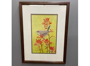 Thomas Anderson Gouache On Paper Wren With Red Flowers