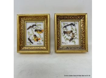 Pair Of Verilyn Gallery Painted Birds On Branch Porcelain Tiles Framed