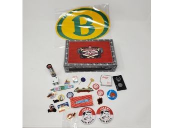Assorted Graphic Pins And Tchotchkes