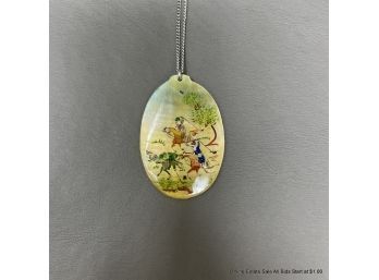 Hand Painted Mother Of Pearl Asian Pendant On Silver Tone Chain