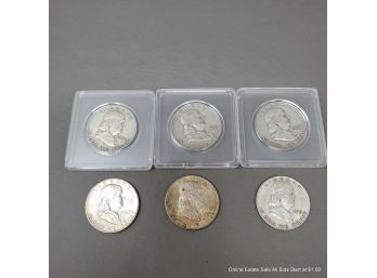 Six U.S. Franklin Half Dollars 1948-1958