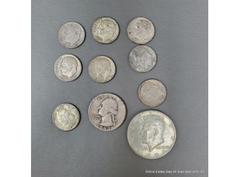 Eight U.S. Dimes One U.S. Quarter And One U.S. Kennedy Half Dollar 1943-1964
