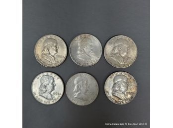 Six 1949-1963 U.S. Franklin Half Dollars
