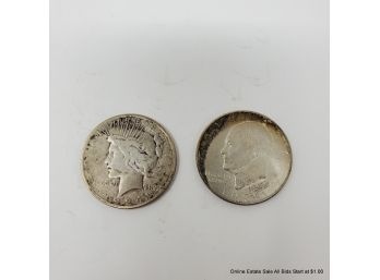 1924 Peace Dollar And 1971 Eisenhower Dollar Coin
