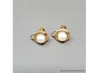 14K Yellow Gold And Pearl Screw Back Earrings 3 Grams