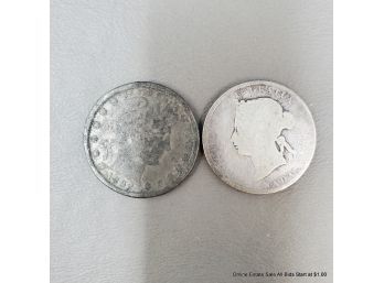 One 1892 U.S. Quarter Dollar And One 1872 Canadian Quarter Dollar