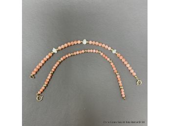 Two Angel Skin Coral 14K Gold And Pearl Bracelets