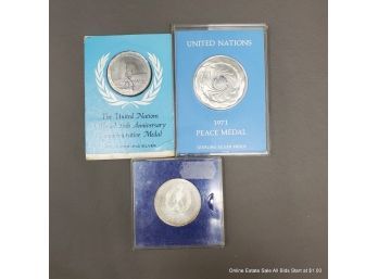 Two United Nations Sterling Silver Tokens And 1975 German Coin