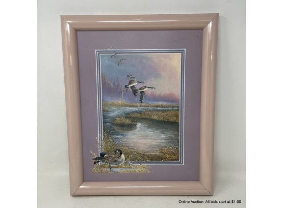 Vintage 87' Signed Avian Painting In Pastel Plastic Frame No Glass