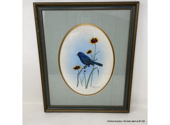 Vintage 1981 Ronald J. Lougue Signed Gauche Indigo Bunting On Branch In Wood Frame