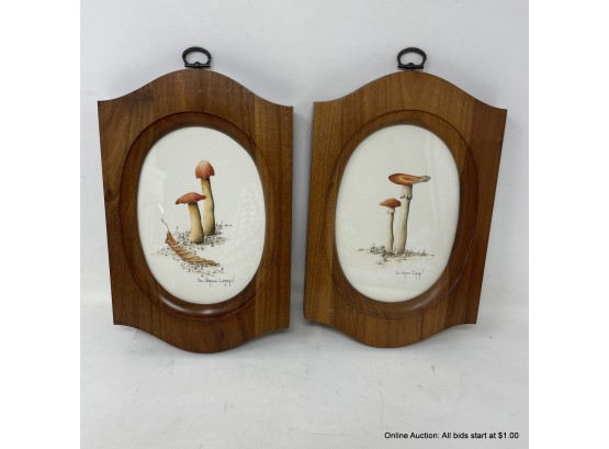 Two Joe Bruce Corban Watercolor Mushrooms In Wood Frames