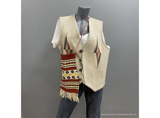 Ortega's Wool Hand Woven Vest With Leather Buttons And Complementary Satchel