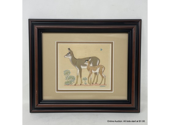 Harrison Begay Silkscreen Deer And Fawn In Wood Frame