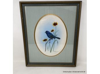 Vintage 1981 Ronald J. Lougue Signed Gauche Indigo Bunting On Branch In Wood Frame