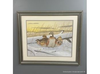 Vintage Watercolor Of Quails In Snow Signed Steve Dillard In Wood Frame