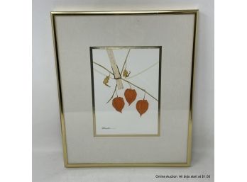 Signed Chinese Lantern Pencil Drawing In Gold Metal Frame