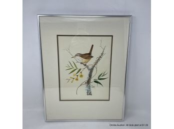 Jo Ross Signed Watercolor Painting Carolina Wren Matted In Metal Frame
