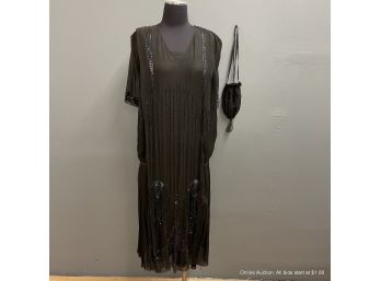 Vintage Black Chiffon Beaded Dress With Liner With Matching Drawstring Bag