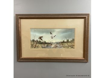 Watercolor Ducks Landing Signed Lambert In Wood Frame