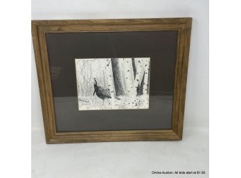 J. Mesick Pencil Drawing Turkey In Birch Trees Matted In 16' X 14' Wood Frame