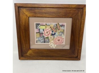 Mixed Media Applique Matted In Wood Frame Signed