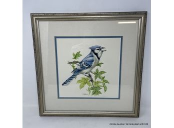 Judy Mizell Watercolor Blue Bird On Branch In Painted Wood Frame