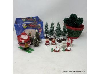 Lot Of Misc. Vintage Holiday Items Trees, Garland Plastic Santa