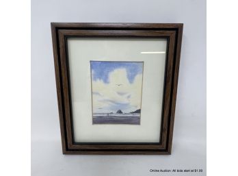 Eugene McNabb Watercolor Beach Scene In Wood Frame