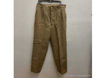 Vintage Mens Green Wool Pleated Button-Fly Pants