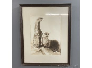 Vintage Watercolor Otters Signed G. Adams In Wood Frame
