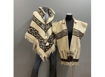 Wool Knitted Poncho & Woven Wool Collared Vest