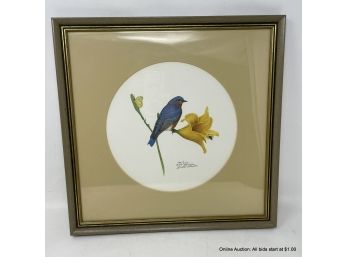 Webb Garrison 1975 Signed Lithograph 344/2000 Blue Bird On Day Lily In Wood Frame