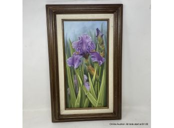 Judy Sleight Oil On Canvas Purple Iris's Signed In Wood Frame