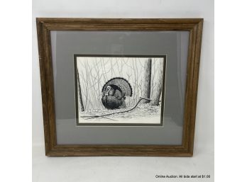 J. Mesick 85' Turkey Pencil Drawing Matted In 18' X 16.25' Wood Frame