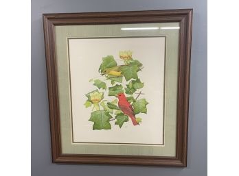 Vintage Watercolor Of Tanagers On Branch Signed Steve Dillard 1981 In Wood Frame