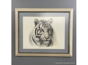 Charles Frace 'white Tiger' Print Signed And Matted In Wood Frame