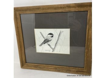 J. Mesick 84' Bird On Branch Pencil Drawing In Wood Frame