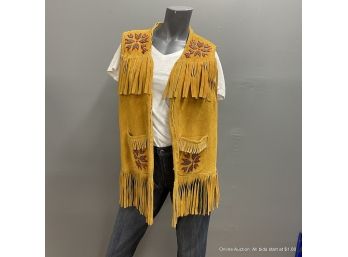 Sleeveless Leather Suede Vest With Beadwork And Front Pockets