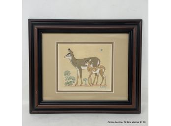 Harrison Begay Silkscreen Deer And Fawn In Wood Frame