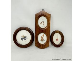 Three Joe Bruce Corban Watercolor Mushrooms And Samaras (Helicopters) In Wood Frames