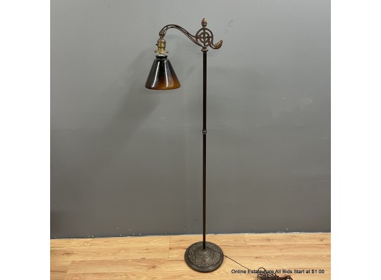 Copper Toned Floor Lamp With Brown Glass Shade
