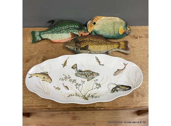 Waverly Revere Fish Platter And Three Fish Oven Mitts