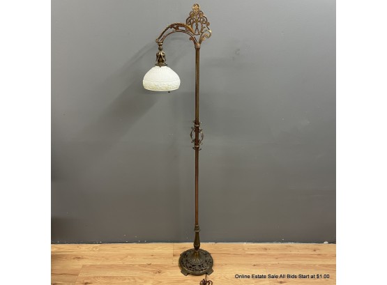 Brass Floor Lamp With Painted Milk Glass Shade