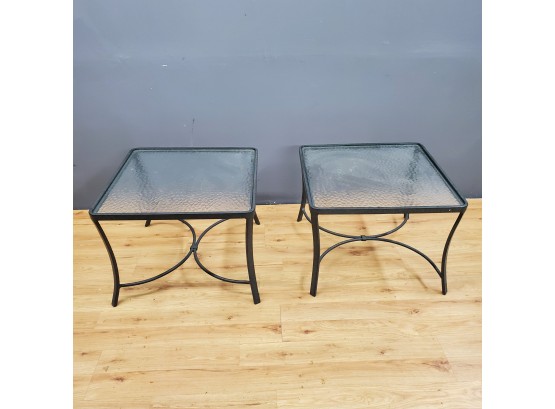 Lot Of Two Brown Jordan Square Green Powder Coated Metal Outdoor Glass Top Patio Tables